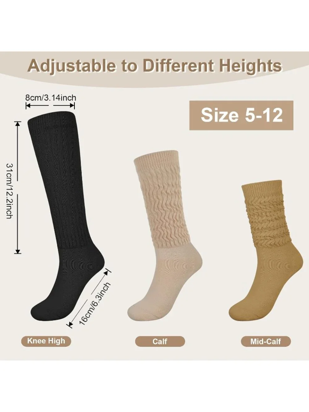 🧦Women's Brown Green 6 Pairs Slouchy Socks Long Knee High Boot Socks